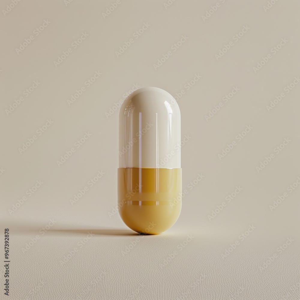 A minimalist product photography setup features a white and yellow capsule pill with modernist design, rendered in 3D mock-up style against a light white backdrop. A minimalist product photography setup features a white and yellow capsule pill with modernist design, rendered in 3D mock-up style against a light white backdrop.