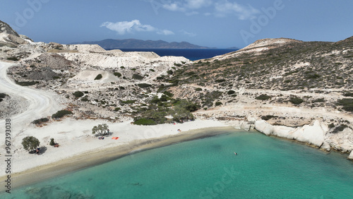 Aerial drone photo of white sandy paradise beach of Prassa with turquoise crystal clear sea voted one of the best in Greece, Kimolos island, Cyclades photo