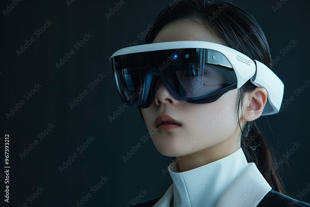 Fashion model person wearing futuristic shiny glamorous VR goggles watching cyberpunk video, Generative AI Fashion model person wearing futuristic shiny glamorous VR goggles watching cyberpunk video, Generative AI