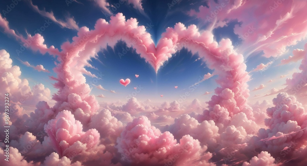 Fototapeta premium A beautiful heart made of soft pink clouds floating in the sky