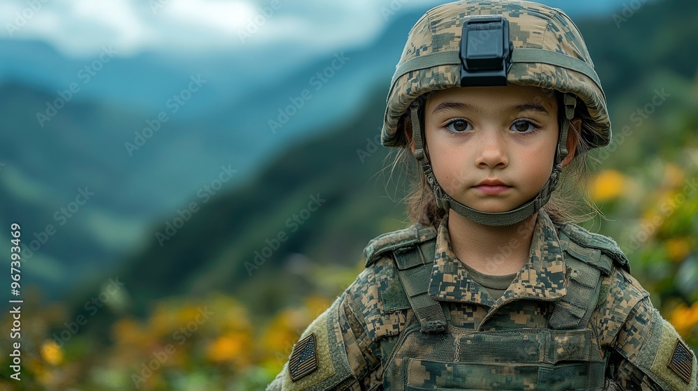Young Girl Dressed as a Soldier in a Military Uniform with a Serious Expression Young Girl Dressed as a Soldier in a Military Uniform with a Serious Expression