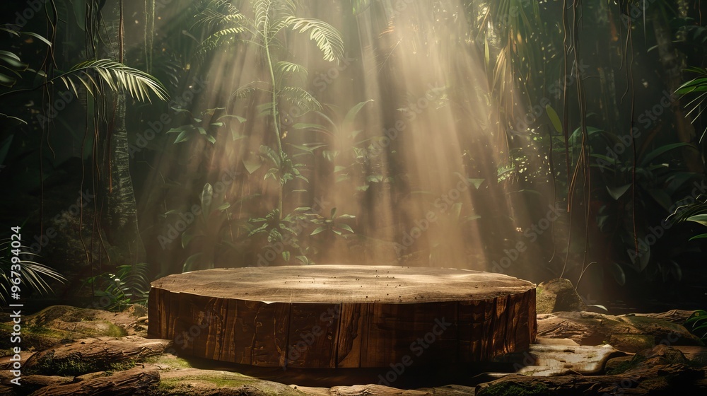 Tropical forest wooden podium for product presentation with lush green background in 3d render Tropical forest wooden podium for product presentation with lush green background in 3d render