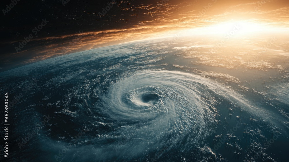 Aerial view of a swirling hurricane over Earth. Aerial view of a swirling hurricane over Earth.