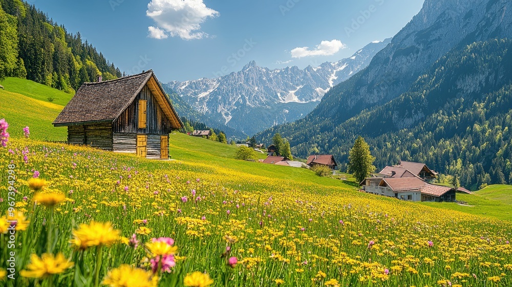 Scenic mountain landscape with flowers and rustic cabins. Scenic mountain landscape with flowers and rustic cabins.