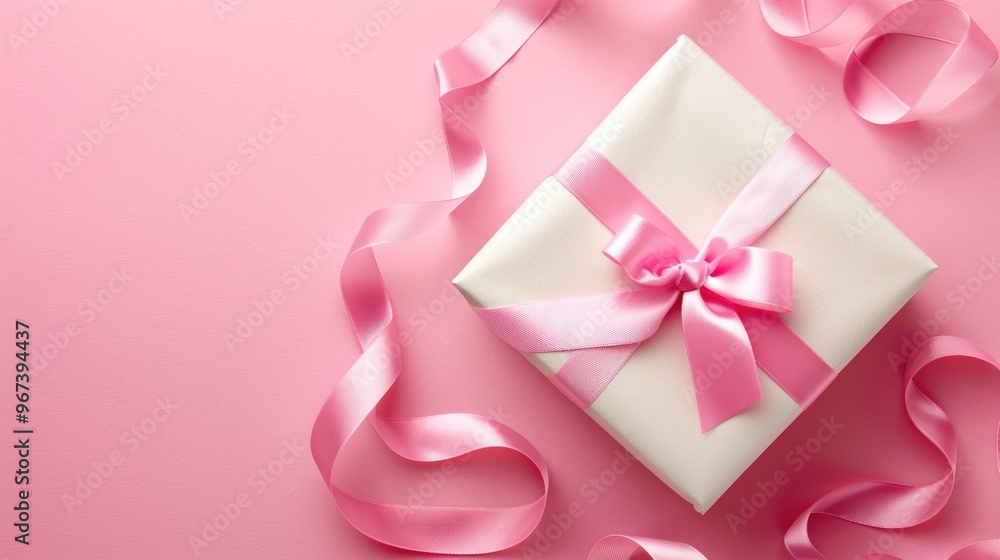 Classic gift box template with space for text and satin ribbon on pink background Classic gift box template with space for text and satin ribbon on pink background