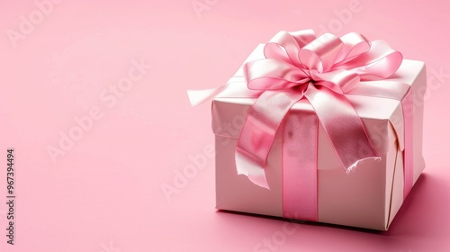 Classic gift box template with space for text and satin ribbon on pink background