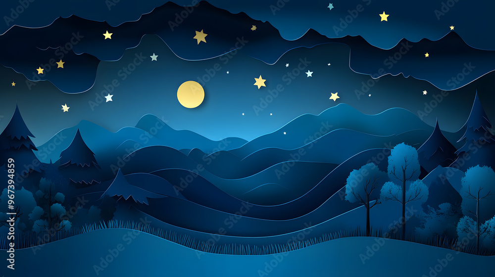 Fototapeta premium Night Starry sky with moon paper cut art background