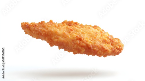 13. **A 3D render of a falling veal cutlet, its tender meat and light breading set against a pure white backdrop photo