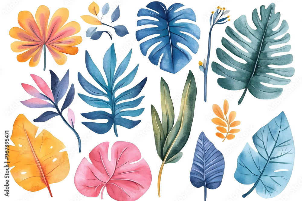 Fototapeta premium Set of tropical colorful hand drawn watercolor leaves isolate don white