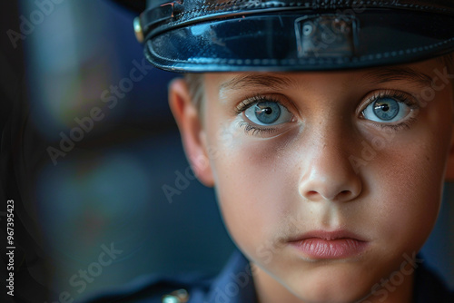 Generated with AI picture of adorable child wear costume like an policeman