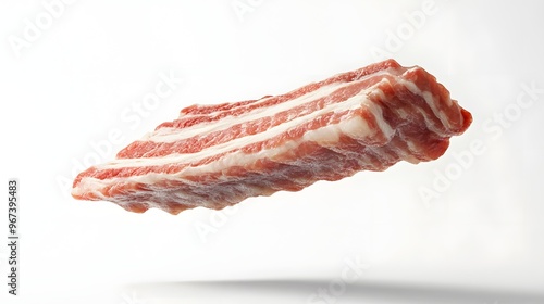 15. **A 3D render of a fresh pork belly slice falling, its layers of meat and fat contrasted with a clean white backdrop