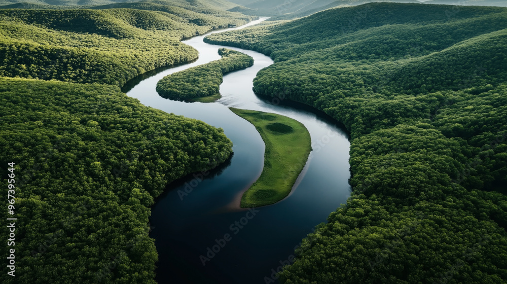 Aerial view of a meandering river flowing through dense, lush green forest with rolling hills. The river forms a sharp curve with a green island in the middle. Aerial view of a meandering river flowing through dense, lush green forest with rolling hills. The river forms a sharp curve with a green island in the middle.