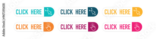 Click here web buttons. Set of action button click here with arrow pointer. Vector illustration