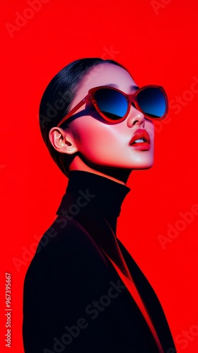 Stunning Asian girl silhouette in high-end fashion on red background with minimal clothing, wearing sunglasses, slightly visible in dark shadows.