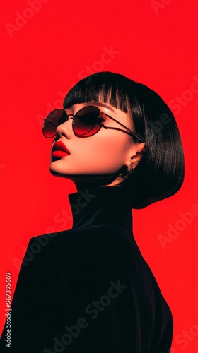 Stunning Asian girl in high-end fashion silhouette on red background with minimal clothing and fashion sunglasses, partially hidden by shadows. photo