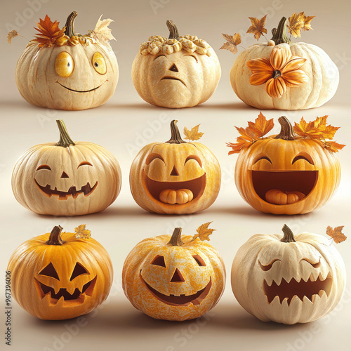 pumpkins with funny facial expressions on white background photo