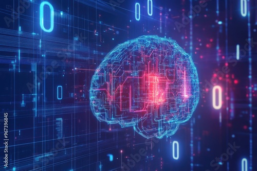 Vibrant digital illustration of brain with circuit pattern symbolizing artificial intelligence and neural networks