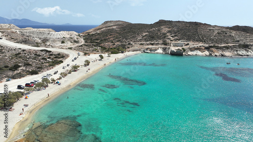 Aerial drone photo of white sandy paradise beach of Prassa with turquoise crystal clear sea voted one of the best in Greece, Kimolos island, Cyclades