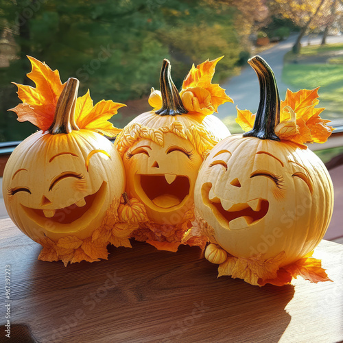 pumpkins with funny facial expressions photo