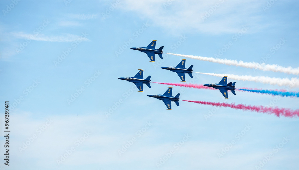Four blue jets perform a precision maneuver in clear skies, leaving red, white, and blue smoke trails.
Four blue jets perform a precision maneuver in clear skies, leaving red, white, and blue smoke trails.