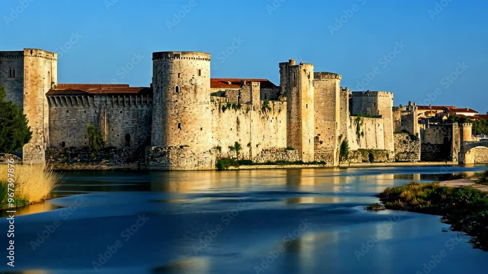 Exploring the stunning medieval castle of Aigues-Mortes by the serene canal at sunset in southern France Exploring the stunning medieval castle of Aigues-Mortes by the serene canal at sunset in southern France