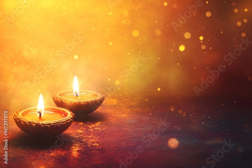 Two candles are lit on a table with a red background