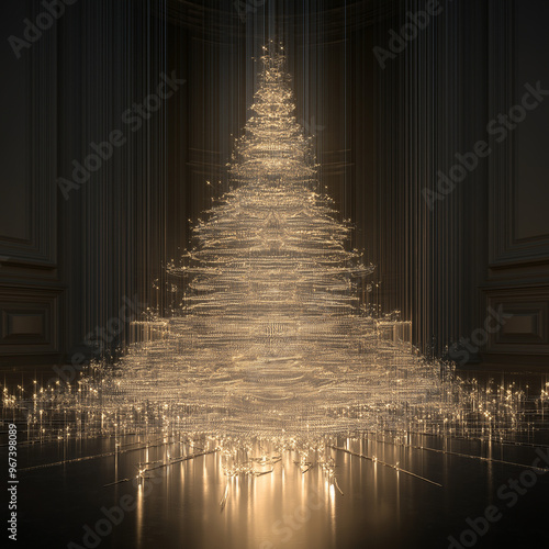 luxurious, glowing Christmas tree adorned with golden lights, set in an opulent hall with grand architecture, creating a magical holiday atmosphere.