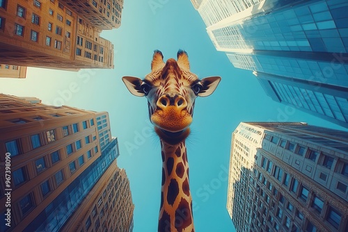 surreal urban safari giraffe explores city streets neck stretching between skyscrapers whimsical juxtaposition of nature and architecture creates playful thoughtprovoking scene photo