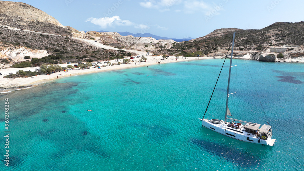 Fototapeta premium Aerial drone photo of white sandy paradise beach of Prassa with turquoise crystal clear sea voted one of the best in Greece, Kimolos island, Cyclades