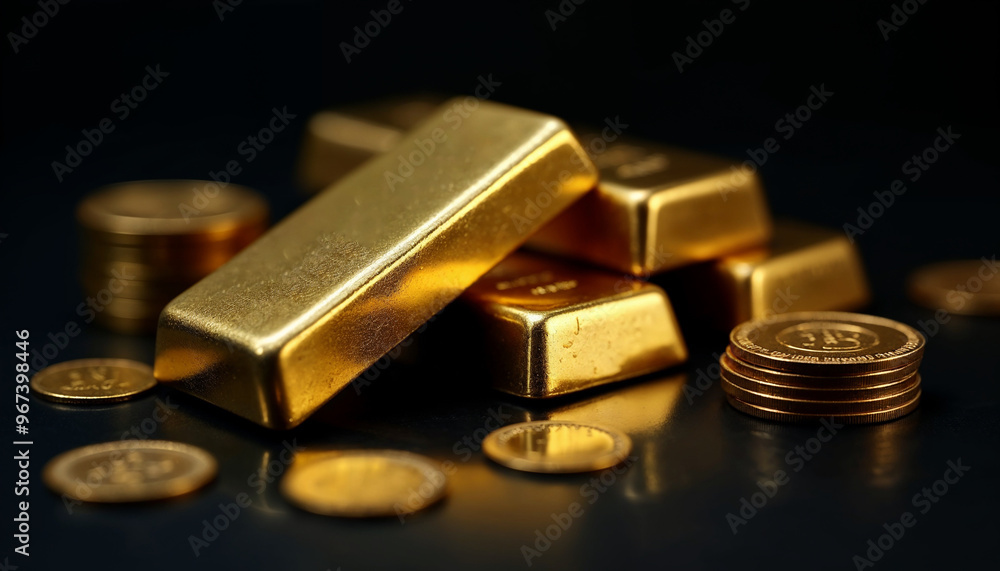 Gold bars arranged on a glossy black surface, one in focus, others blurred. Luxurious and pristine.
Gold bars arranged on a glossy black surface, one in focus, others blurred. Luxurious and pristine.