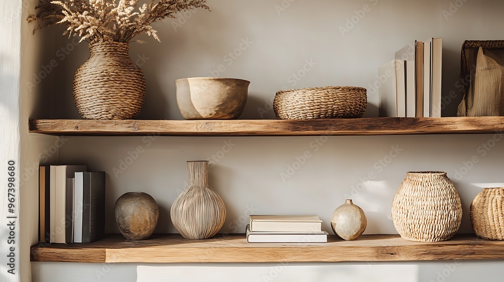 beautifully arranged wooden shelf in a modern interior, featuring a mix of decorative items like woven baskets, stylish vases, and art books, highlighting the balance between functionality and style beautifully arranged wooden shelf in a modern interior, featuring a mix of decorative items like woven baskets, stylish vases, and art books, highlighting the balance between functionality and style