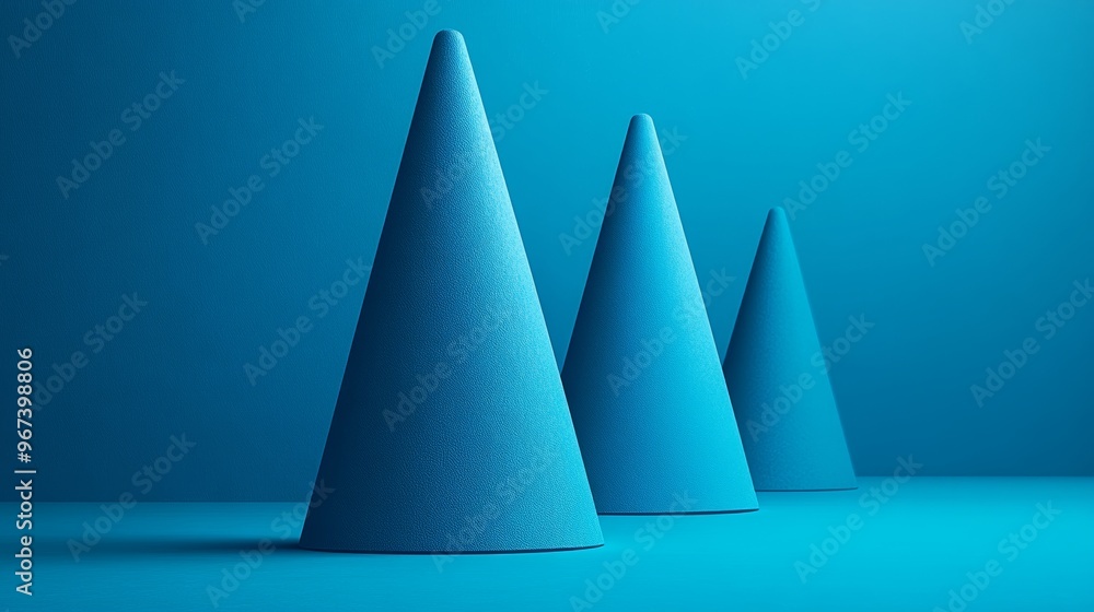 Three blue cones are arranged in a row on a blue background Three blue cones are arranged in a row on a blue background