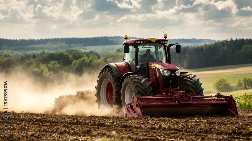 Obraz premium A detailed image capturing a red modern tractor skillfully plowing through fertile soil on a sunny day, with clear blue skies and lush green trees in the background.