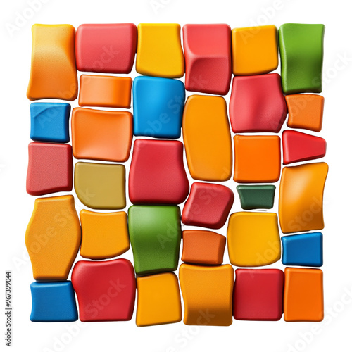 A vibrant abstract pattern composed of colorful, irregular shapes arranged in a grid-like formation. photo