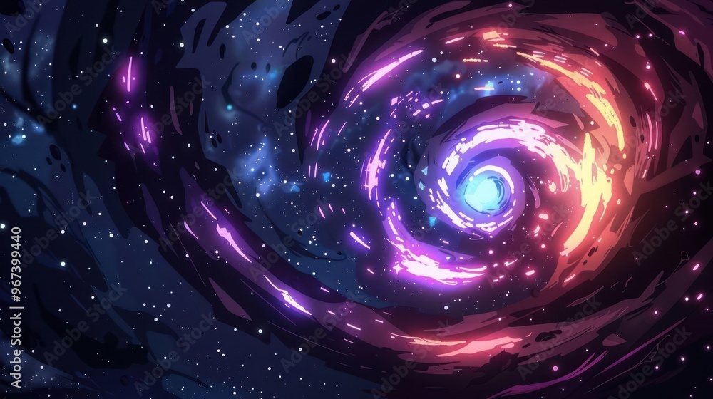 Obraz premium A vibrant depiction of a swirling galaxy, showcasing cosmic colors and celestial elements.