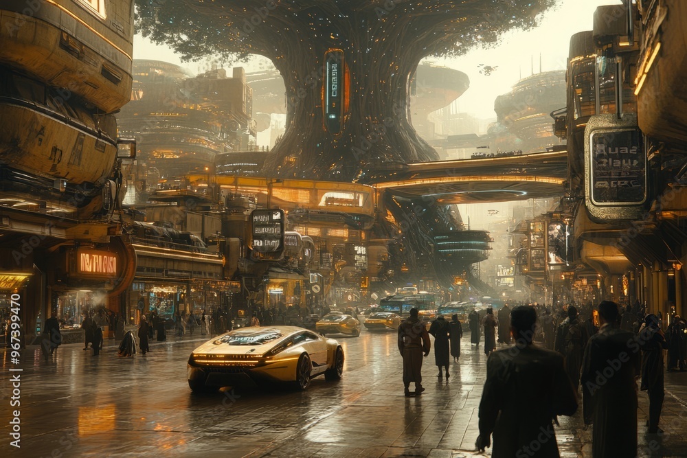 Obraz premium A bustling futuristic city with a massive tree at its center surrounded by advanced vehicles and lively streets.