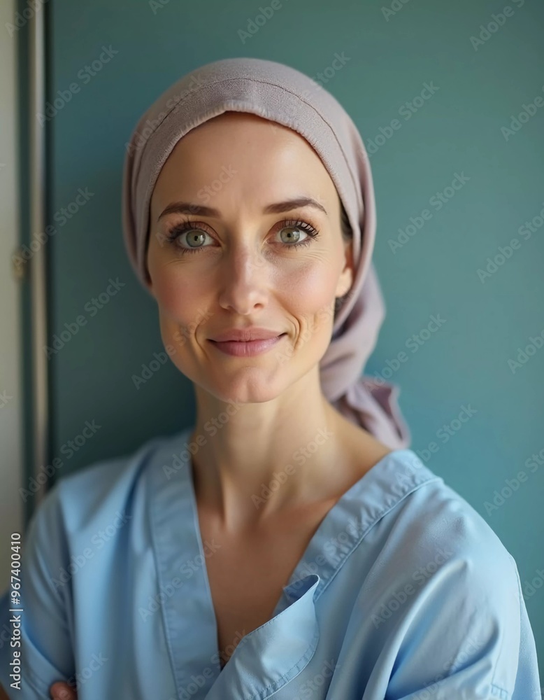 A woman wearing a headscarf smiles confidently while dressed in a hospital gown, signaling hope and strength after undergoing breast cancer treatment. Generative AI A woman wearing a headscarf smiles confidently while dressed in a hospital gown, signaling hope and strength after undergoing breast cancer treatment. Generative AI
