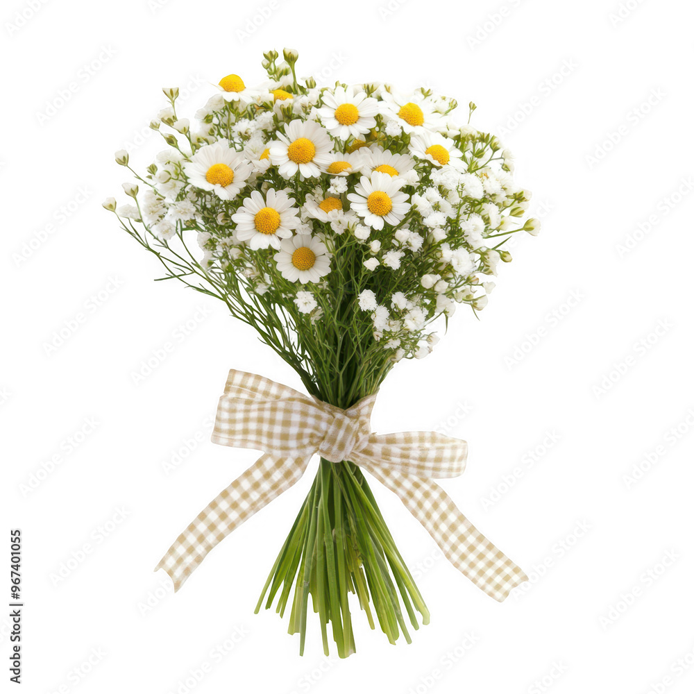 Obraz premium A bouquet of white daisies and yellow flowers tied with a checkered ribbon.