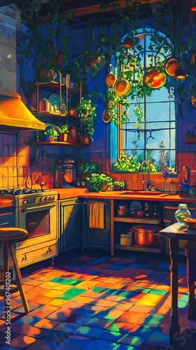 A whimsical kitchen in a fantasy world, colorful floating ingredients, surreal lighting casting enchanting shadows, vibrant culinary art, enchanting atmosphere, oil painting style photo