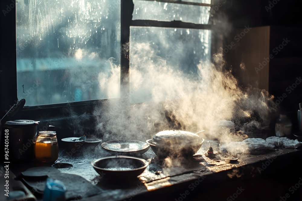 A window with steam coming out of a pot on a table A window with steam coming out of a pot on a table