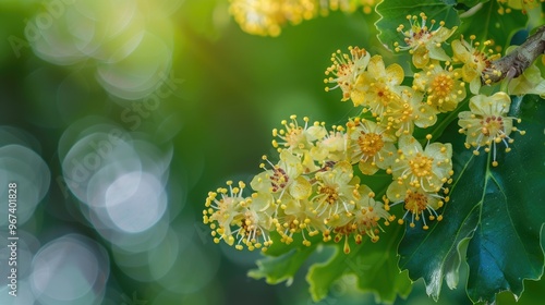 Close up of male flowers on English Oak Tree or Quercus robur with selective focus photo