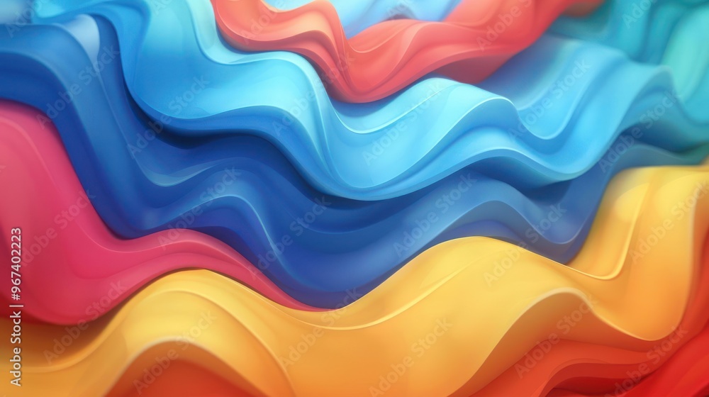 A vibrant, flowing abstract design featuring waves of color in blue, red, and yellow.