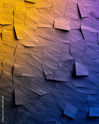 An abstract cracked texture artwork with vibrant color gradients transitioning smoothly from yellow to blue and purple, evoking creativity and artistic inspiration. photo