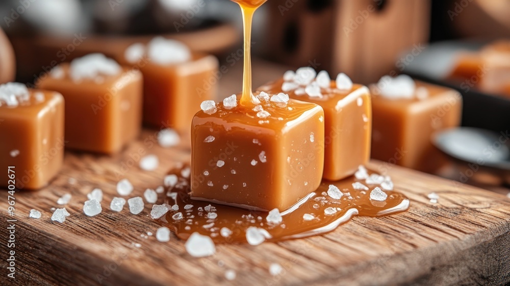 Delicious caramel cubes with sea salt on a wooden board. Delicious caramel cubes with sea salt on a wooden board.