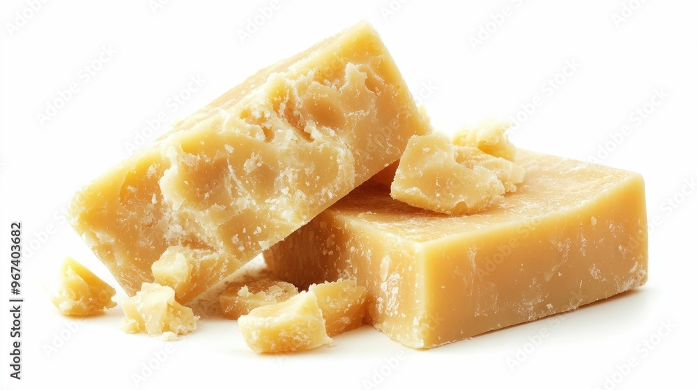 Two pieces of yellow cheese with some crumbs. Two pieces of yellow cheese with some crumbs.
