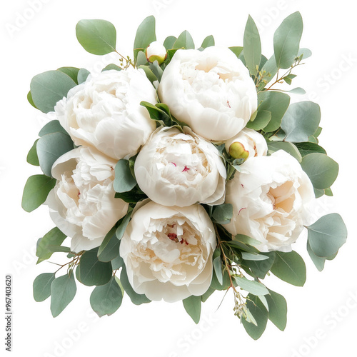Fototapeta Naklejka Na Ścianę i Meble -  A bouquet of white peonies surrounded by greenery, ideal for celebrations or decor.