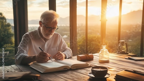A retired man writing in a journal, recording his reflections on life, aging, and the wisdom gained over the years
