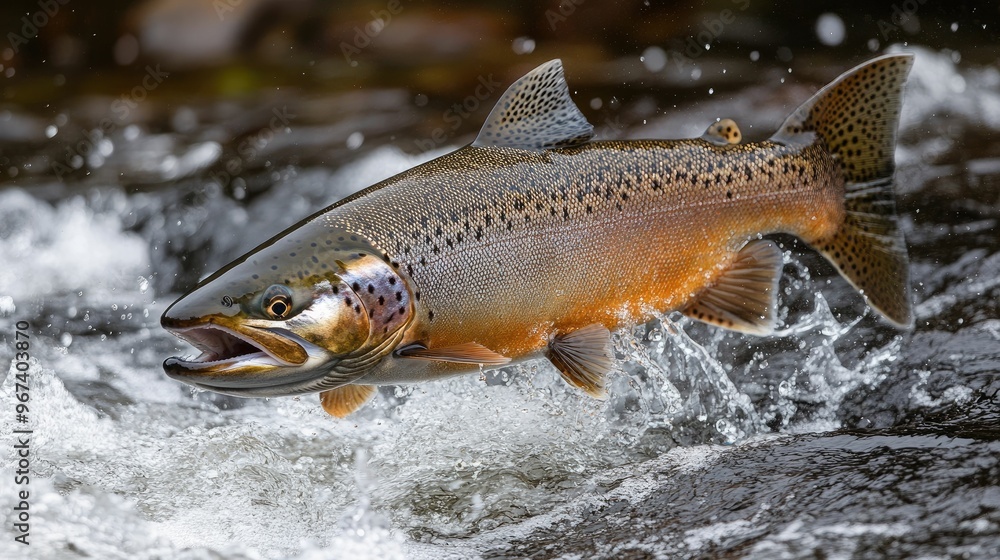 Obraz premium A trout jumping in a river, showcasing its vibrant colors.
