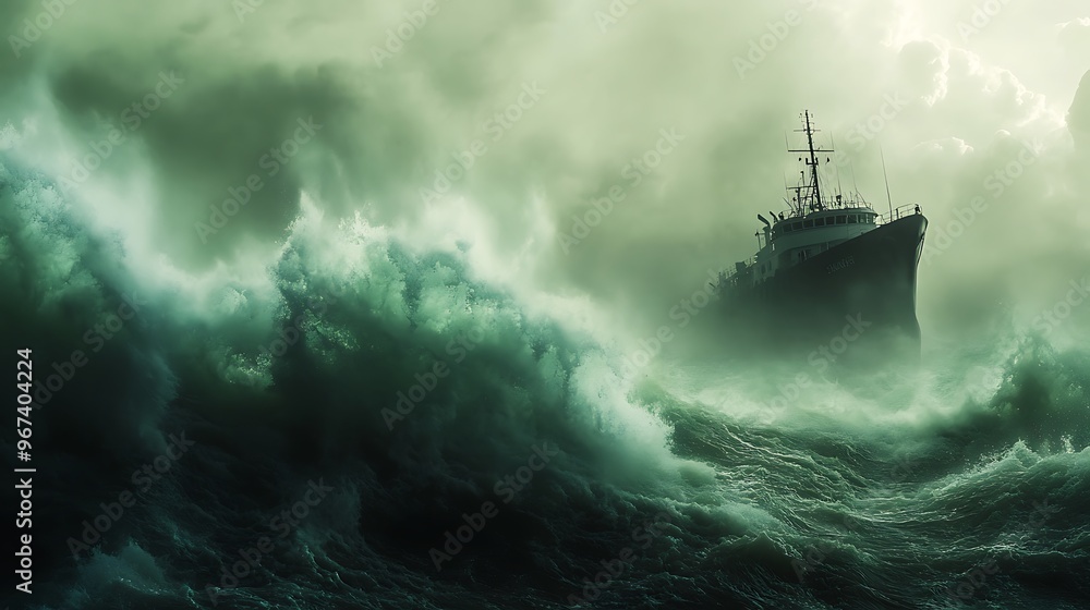 A stormy sea with enormous green waves towering over a silhouetted ship, the vessel barely visible through the chaos, as the wind and rain intensify A stormy sea with enormous green waves towering over a silhouetted ship, the vessel barely visible through the chaos, as the wind and rain intensify
