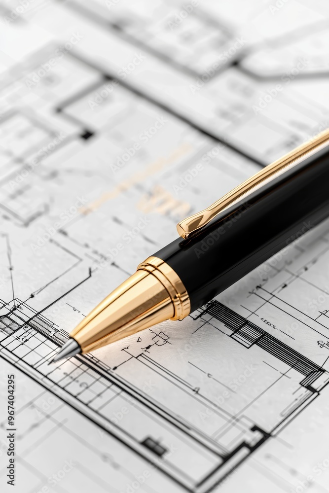 High-tech drafting pen on detailed architectural plans, gold accents, 3D illustration High-tech drafting pen on detailed architectural plans, gold accents, 3D illustration